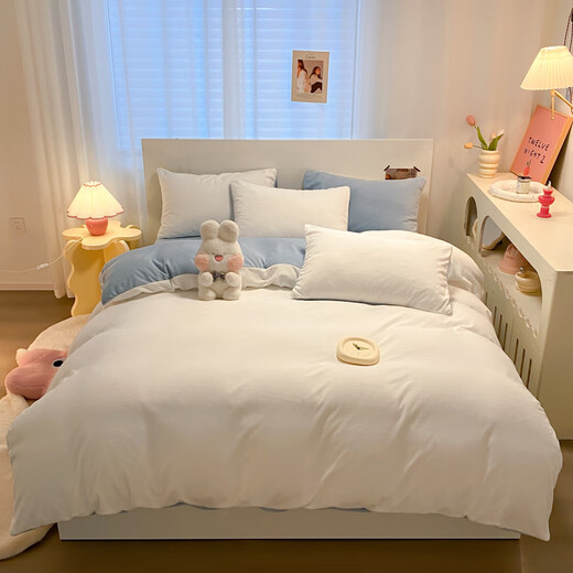 Yalu winter milk velvet quilt cover single piece 150x200x230cm thickened coral velvet quilt cover bed sheet four-piece set milk white + baby blue thickened milk velvet 1.2m bed sheet three-piece set - quilt cover 150*200cm