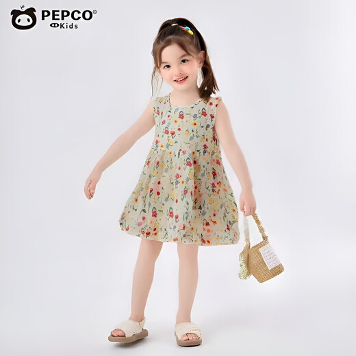 
Pig Banner girl summer thin dress for children's bubble cotton loose sleeveless vest skirt baby floral casual long skirt flower foundation 130 cm
