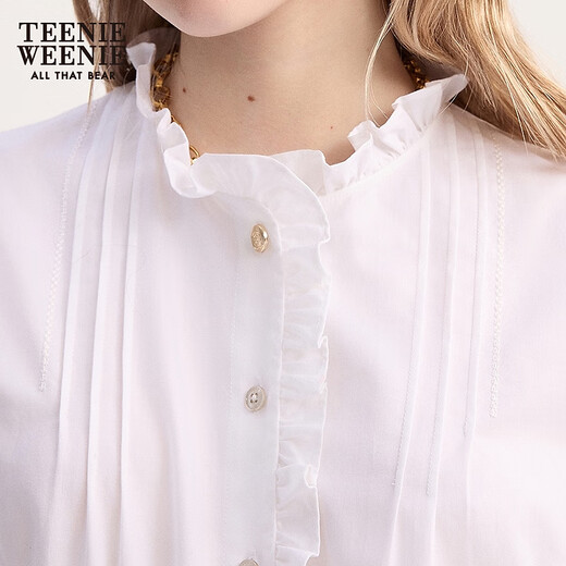 Teenie Weenie Bear Women's Shirt 2025 Autumn New Simple Elegant Girly Fungus Collar Shirt Ivory White S