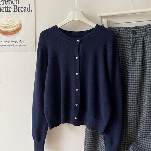 Pull en coton Cardigan féminin automne et hiver 2025 Nouvelle couleur contraste couche rond Pull veste pull marine bleu marine unique