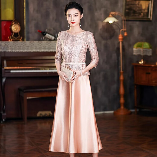 Hengyuanxiang champagne color happy mother-in-law wedding banquet dress 2025 summer new retro wedding noble young mother high-end dress champagne color M