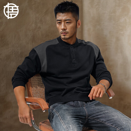 Enlightenment 380G heavyweight thickened Henley sweatshirt men's waist stitching contrasting loose cotton long-sleeved T-shirt autumn and winter black 2XL (160-180Jin Jin is equal to 0.5 kg)