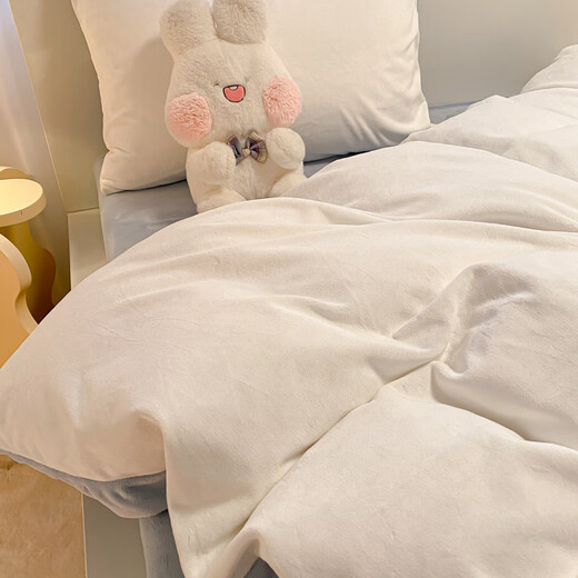 Fu丨Anna milk velvet four-piece set winter 2025 new coral velvet quilt cover bed sheet three-piece set milk white + baby blue bed sheet style 1.5m four-piece quilt cover 180*220