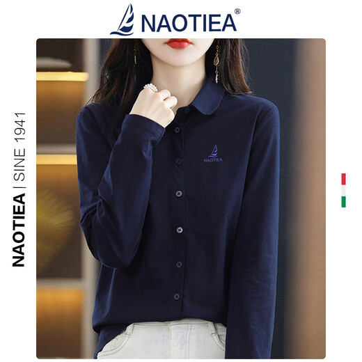 NAOTIEA sailing boat lapel long-sleeved POLO cardigan for women 2026 spring and autumn new brand bottoming inner top navy blue L (recommended 100-115 Jin Jin equals 0.5 kg)