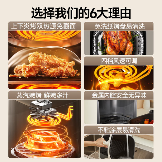 Joyoung air fryer household flip-free upper and lower dual heat source 6.5L large capacity oven visible large window multifunctional metal inner cavity government subsidy KL65-V573