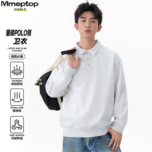 MMOPTOP Japanese heavyweight Chinese cotton polo collar sweatshirt autumn and winter men's loose inner long-sleeved MWY21 white flower gray L