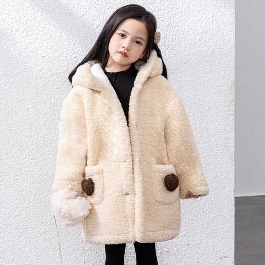 Tutu Little Elephant Girls' Thick Jacket Autumn and Winter Children's Warm All-in-One Velvet Coat Off-White 140 Height About 140cm