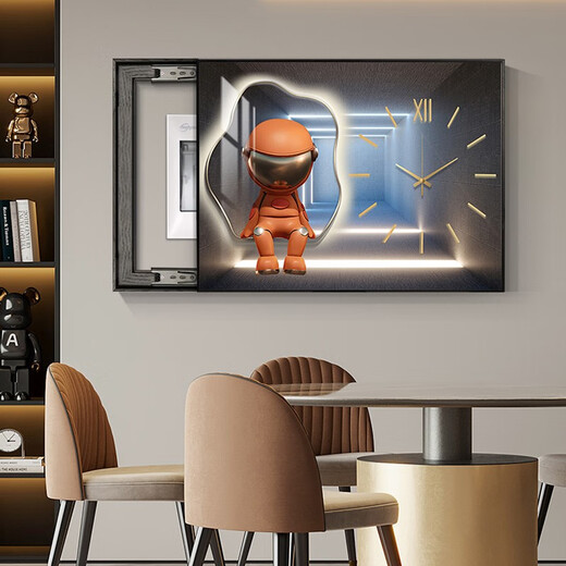 Chengzi Light luxury electric meter box decoration painting with clock distribution box cover without holes Modern simple hanging painting Astronaut clock K11965 45*35cm (block 35*25) black frame with cover