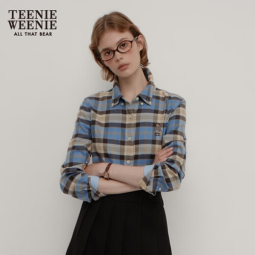 Teenie Weenie Bear Women's Shirt 2025 New Temperament Style Style Retro Plaid Shirt Blue L