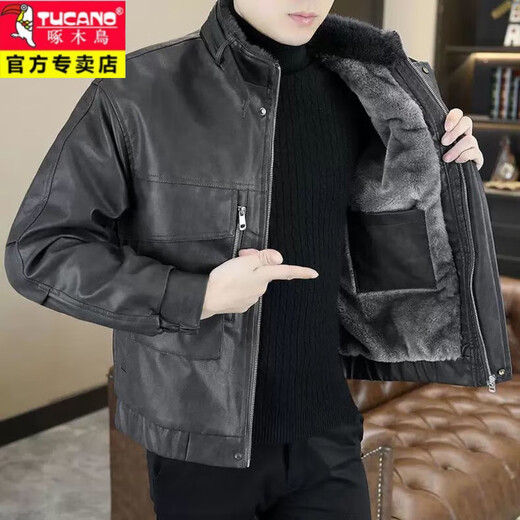 Дятел (TUCANO) зимняя мужская кожаная куртка, бархатная утепленная кожаная куртка, красивая кожаная хлопчатобумажная куртка, меховая универсальная зимняя куртка, черная, добавьте в избранное и получите приоритетную доставку XL рекомендуется 120-135 Цзинь Цзинь равен 0,5 кг