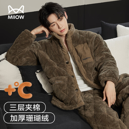 Catman plus velvet and thickened three-layer quilted men's pajamas men's winter warm stand-up collar cotton jacket can be worn outside 25 years new product