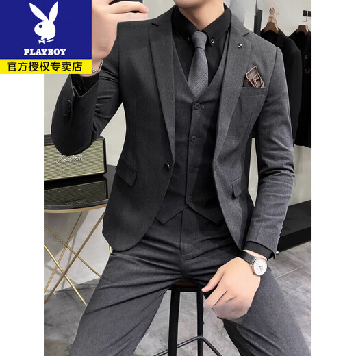 Playboy Spring and Autumn Groom Suit Men's Slim Suit Large Size Solid Color Wedding Dress Business Casual Interview Formal One Button Thin Dark Gray (Suit+Vest+Trousers, Free Black Shirt Bow Tie L 50