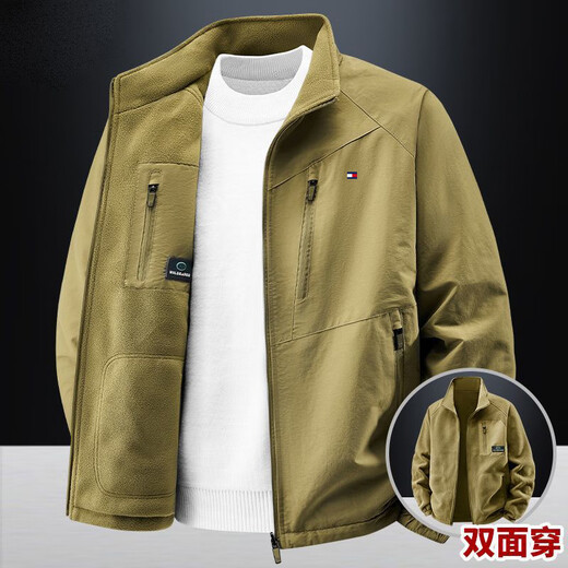 TOMMYBULL American Tommy Tommy autumn and winter men's velvet thickened jacket casual warm stand-up collar casual jacket top dark gray (reversible plus velvet style)-96858 2XL 145-160Jin Jin equals 0.5 kg