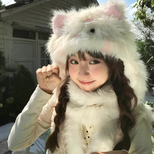 Tuzun Kitten Tail Hat Cute Cat Ears Ear Protection Plush Hat Warm Hat for Traveling and Taking Photos Women Winter Cat Ears Hat and Scarf All-in-one