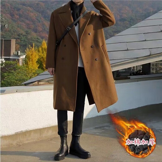 Autumn and winter men's woolen coat cotton thickened mid-length Korean style double-breasted windbreaker men's woolen coat men's cotton black 2XL