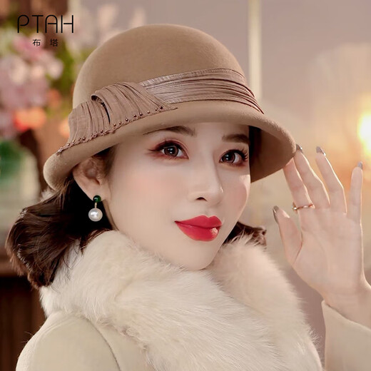 Buta Hat Women's Autumn and Winter Handmade Flower Top Hat Bere Warm Wool Felt Top Hat Versatile Fashion Retro Camel