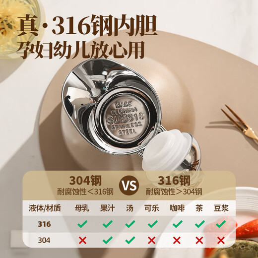 MAXCOOK thermos kettle 316 stainless steel vacuum hot water kettle household large capacity 2L natural silver MCH5066