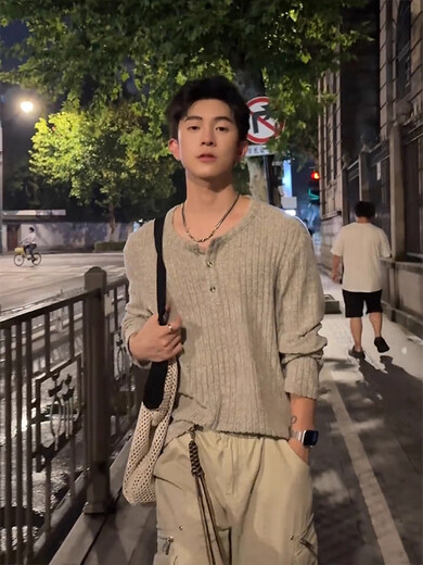 Yingtang Henry Collar Vertical Striped Sweater Men's Autumn Long Sleeve Top Loose Lazy Loose Feeling Bottoming Sweater Gray M One Size