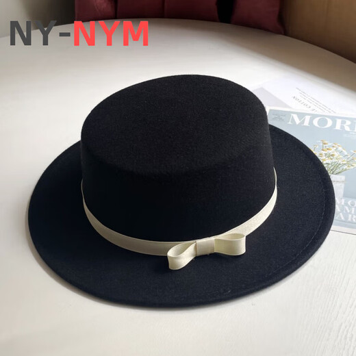 NY-NYM British style retro woolen hat for women in autumn and winter fashion versatile bow flat top Korean style black jazz hat for men black M (56-58cm)