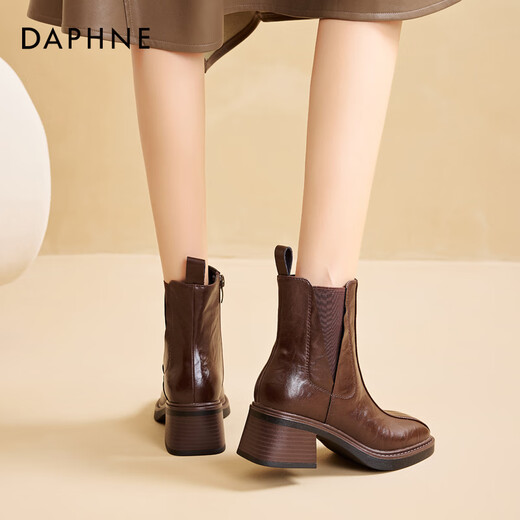 Daphne short boots for women new autumn and winter French high-heeled slim boots with temperament and versatile Martin boots for women brown plus velvet 37