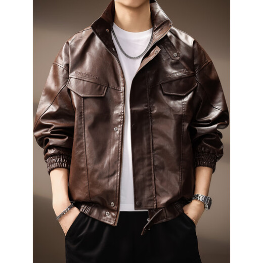 Revium high-end American fashion brand high street stand-up collar PU leather jacket men's autumn handsome motorcycle jacket loose versatile tops for men brown M suitable for 100-120 Jin Jin equals 0.5 kg