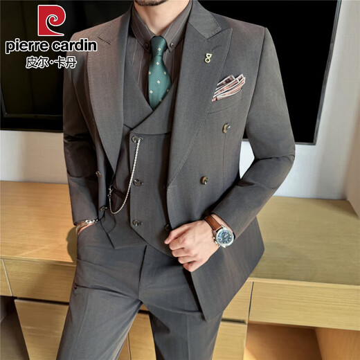 Pierre Cardin beaded lapel collar dark striped double-breasted suit men's suit business formal decoration height quality suit three-piece black (single suit) free tie XL (125-140Jin Jin equals 0.5 kg)