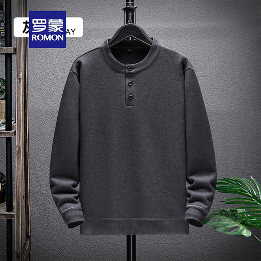 ROMON 2025 New Henley Collar Sweatshirt Men's Autumn and Winter Sheep Wool Bottoming Shirt Thickened Jacquard Long Sleeve T-Shirt Gray M