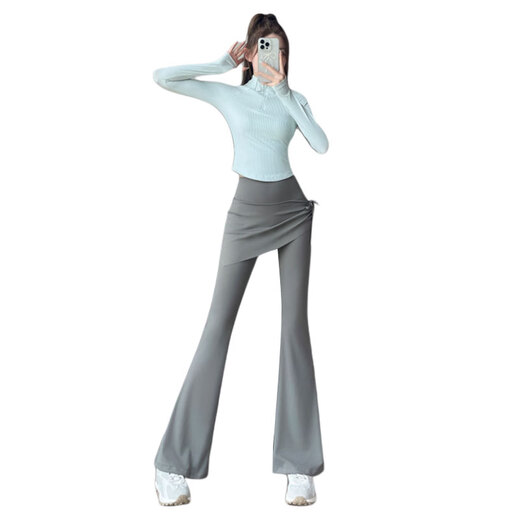 Aimengniao's beautiful yoga clothing suit for women, new Pilates training fitness clothing, running sports, long-sleeved micro-flared pants and skirt, two-piece set, biquan green + dust gray S