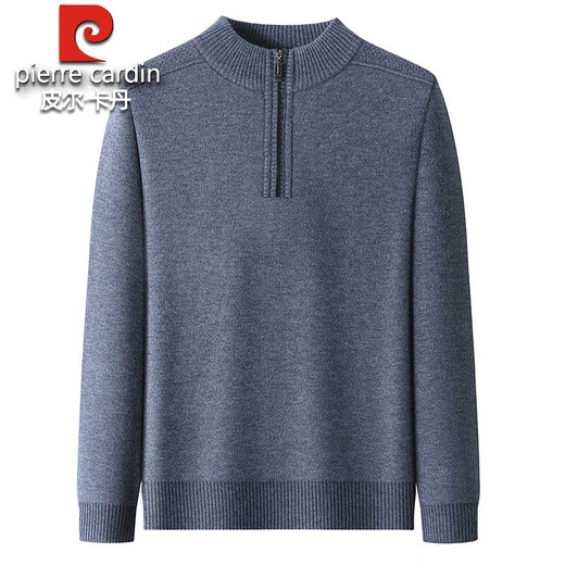 Pierre Cardin all-in-one fleece sweater 100% pure wool sweater men's half turtleneck zipper plus fleece thickened dad wear warm sweater black gray XL 175 recommended 135-150 Jin Jin equals 0.5 kg