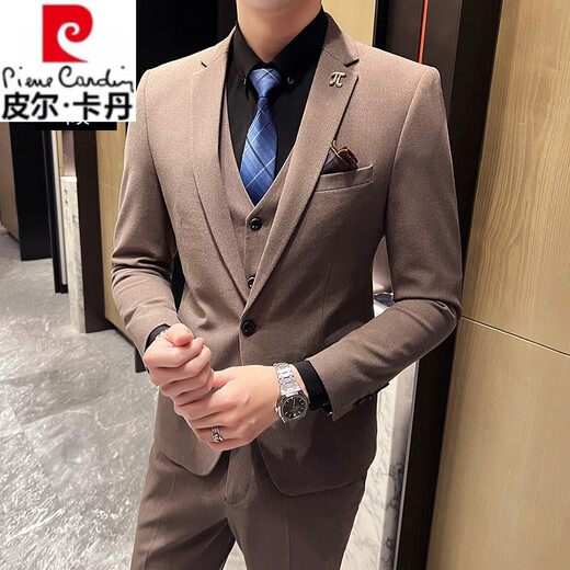Pierre Cardin high-end suit men's 2025 new wedding dress fashion business professional formal suit three-piece suit apricot three-piece suit 5XL