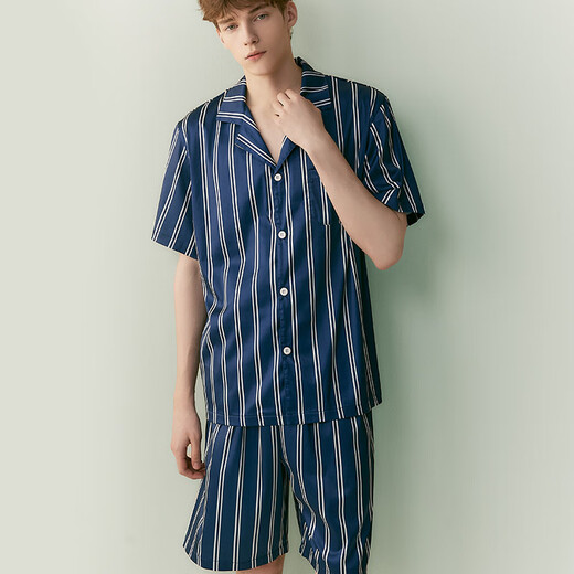 Gainreel nude silky couple pajamas, skin-friendly, comfortable, simple, short-sleeved, men's and women's thin home clothes set that can be worn outside, men's clothing - blue stripe M