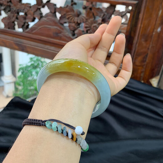 FALRIA Burmese jadeite bracelet ice type genuine ice waxy type yellow jade floating flower full circle high ice jade bracelet jade bracelet yellow jade 59mm