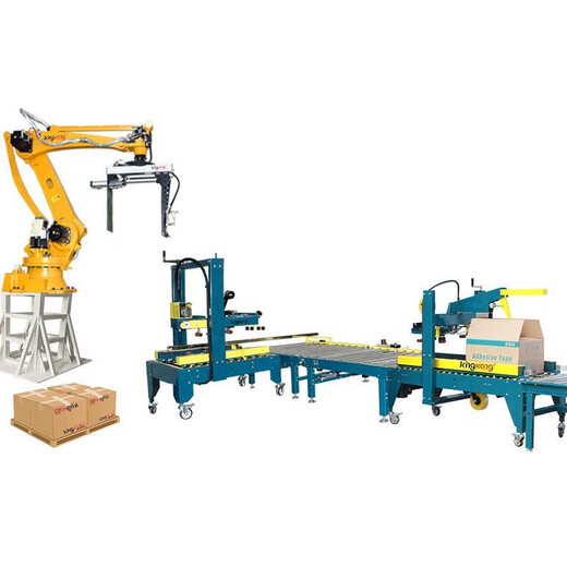 Automatic tape sealing machine Fully automatic carton sealing machine Robotic arm handling and palletizing Robot packaging machine Packaging line Sealing and palletizing line