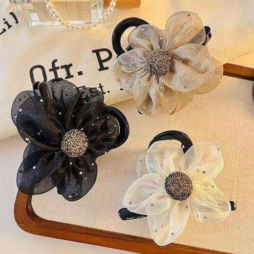2025 New Mesh Flower Clip Feminine Shark Clip Half-tied Hairpin High Ponytail Korean Style Back of Head Hair Black Flash Diamond Sunflower Clip 1 Pack