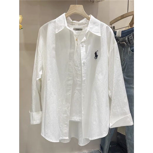 Casual loose shirt for women 2026 spring and autumn new style embroidered long-sleeved versatile inner layered shirt white M