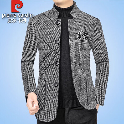 Pierre Cardin high-end woolen jacket men's autumn and winter velvet thickened middle-aged dad casual men's woolen tunic suit black gray N7315 cotton XL 180- 135-150Jin Jin equals 0.5 kg