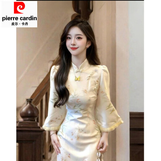 Pierre Cardin New Chinese Style White Cheongsam Dress Women's 2025 Autumn and Winter New Thickened National Style Waist Skirt White Dress (Regular) Version M Recommended 95-105 Jin Jin equals 0.5 kg