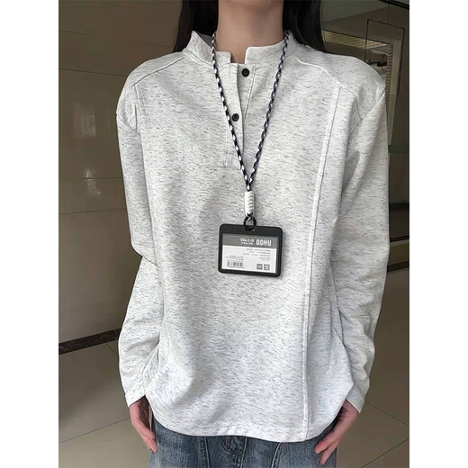 Rouard Henry collar trend polo shirt sweatshirt men's autumn deconstructed splicing right shoulder long-sleeved American couple boxy top black XL