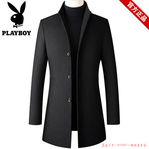Playboy windbreaker jacket men's mid-length high-end autumn and winter 2025 woolen business woolen lapel trend new model High quality - 20 black mid-length style Loss processing XL 110-125Jin Jin equals 0.5 kg