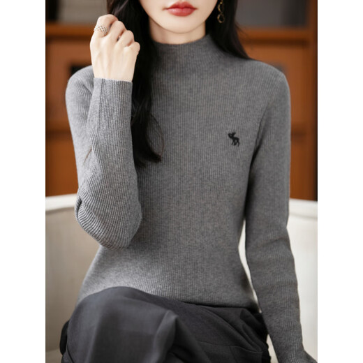 La Chapelle Heavy Embroidery Worsted Fine Wool Sweater Women's Half Turtleneck Sweater 2025 Autumn and Winter New Slim Fit Bottoming Shirt Graphite Gray L Recommended weight 110-125Jin Jin equals 0.5 kg