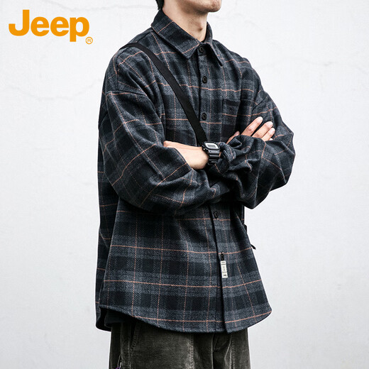 JEEP Jeep long-sleeved shirt men's autumn and winter retro plaid work shirt men's casual jacket men's navy blue 2XL