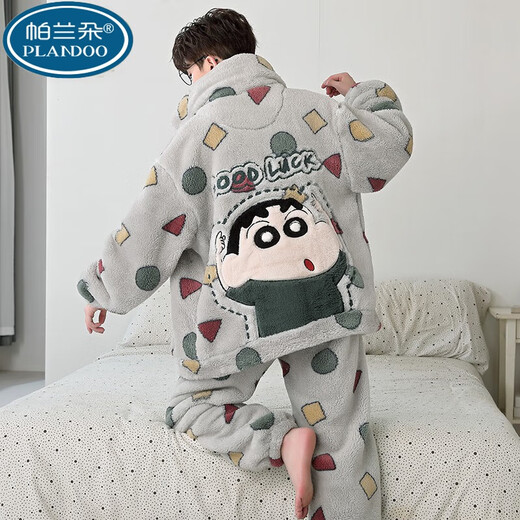 Palando Crayon Shin-Shikong Koralle Velvet Herren-Pyjamas für Herbst- und Winterstudenten, große Größe plus Samt verdickte Hauskleidung für junge Menschen XQ-9928 kleiner Größe M (geeignet für Größe ca. 155 cm, Gewicht 8