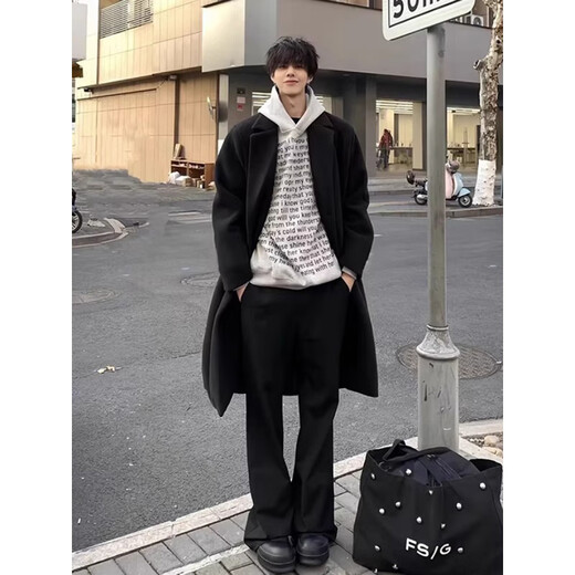 Shelley Jones Abrigo de lana negro de longitud media para hombre Otoño e invierno Nuevo cortavientos por encima de la rodilla de alta calidad Abrigo de lana atractivo estilo británico Negro Regular M Recomendado 80-100 Jin Jin es igual a 0,5 kg