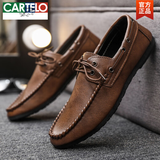 CARTELO round toe shoes casual men's sporting Lef Bean Doodle leather shoes with one foot British flat sole lightweight breathable formal wear D882 brown 42
