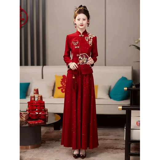 SAIDELE Wedding Toast Wear 2025 New Bride Light Luxurious Engagement Dress Back Door Service Autumn and Winter Cheongsam Chinese Wedding Dress for Women Burgundy M