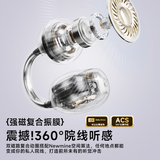 Newmine's top-of-the-line 2026 new Bluetooth headset clip-on bone conduction concept, comfortable, high-quality, wireless noise reduction, sports ear clip, open type, large battery, long battery life gift, champagne gold, Dolby panoramic surround, cloud-sense wearing, ENC noise reduction
