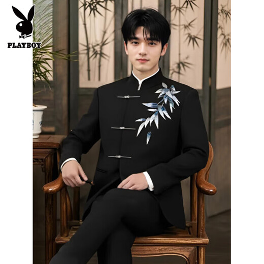 Playboy New Chinese Mao Suit Suit Groom Wedding Suit Toast Suit Casual Retro Tang Suit Black Bamboo Leaf Embroidered Single Jacket M