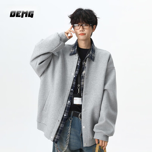 OEMG American plaid stitching fake two-piece cardigan sweatshirt men's spring and autumn trendy brand loose casual top jacket heather gray XL recommended 110-130Jin Jin equals 0.5 kg