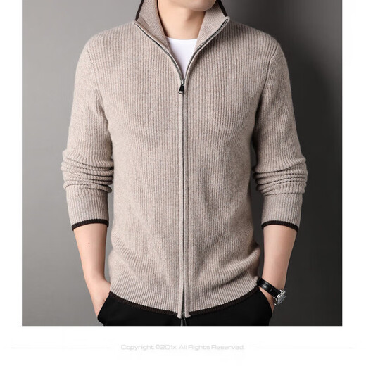 TJQ high-end British brand cardigan wool sweater for men 2025 autumn and winter thickened men's turtleneck sweater jacket light khaki 4XL 195 suitable for 190-220Jin Jin equals 0.5 kg