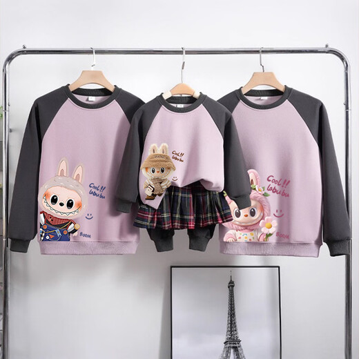 KUCLUT Labubu parent-child clothing 2025 autumn and winter long-sleeved sweatshirts for a family of three and four, mother and daughter tops, gray and purple plus velvet 120 baby